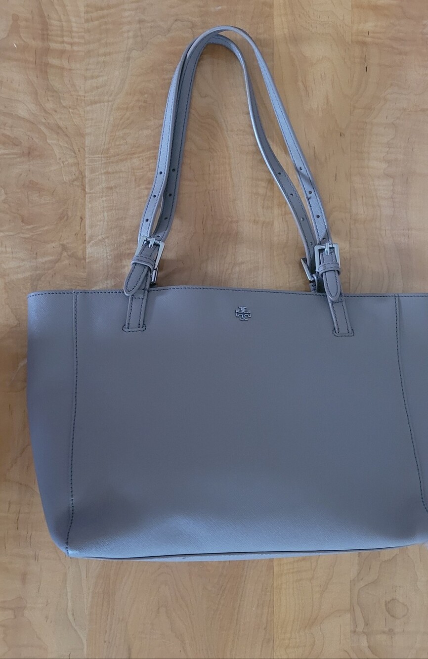 Tory Burch Emerson Light Gray Leather Double-Handle Tote